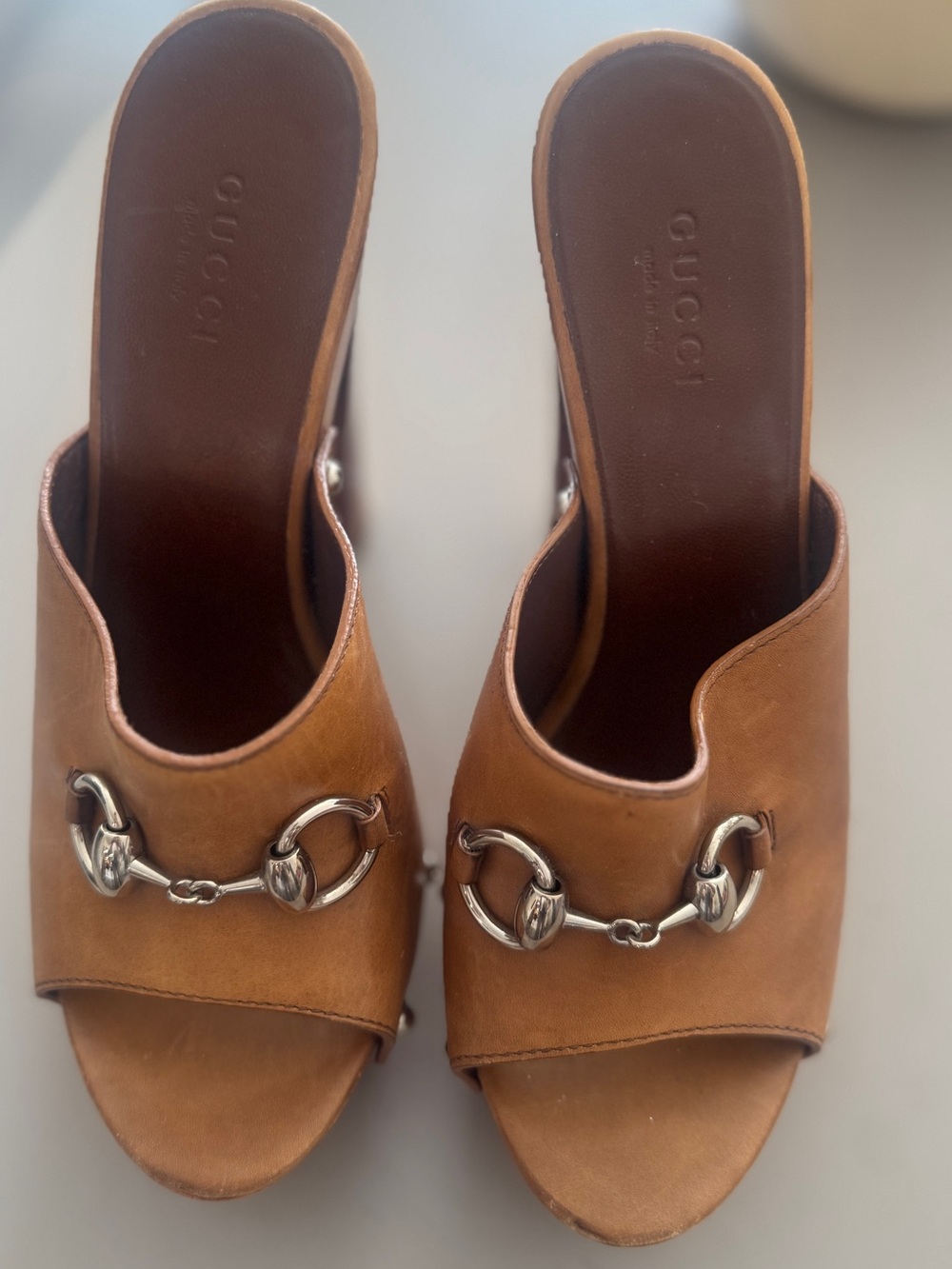 Gucci Tan Leather Platform Clog Heels with Silver Hardware - Picture 5 of 7